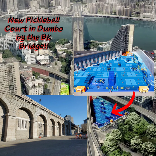 Collage showcasing the new pickleball court in Dumbo, Brooklyn with views of the Brooklyn Bridge, digital rendering of blue courts on a rooftop, and the actual street-level site