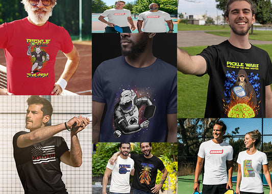 Collage of diverse people wearing various pickleball-themed t-shirts from OOKAMI SPORTS. Designs include comic-style superheroes, space-themed pickleball player, and retro video game graphics