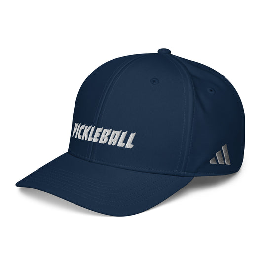 Side view of a navy Adidas performance cap showing the Adidas logo on the left side.