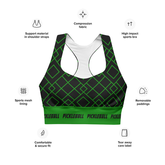  An infographic highlighting the key features of the Neon Grid Pickleball Longline Sports Bra, including compression fabric, high impact support, sports mesh lining, removable padding, tear-away care label, comfortable and secure fit. The vibrant geometric grid design is prominently displayed.