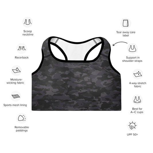 Stealth Camo Pickleball Padded Sports Bra with feature icons, illustrating the scoop neckline, racerback, moisture-wicking fabric, sports mesh lining, removable padding, tear-away care label, support in shoulder straps, four-way stretch fabric, and UPF 50+ protection.