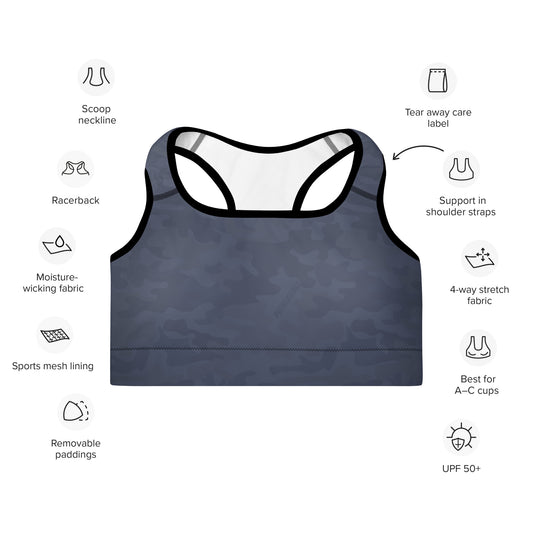 An infographic showcasing the key features of the Urban Gray Camo Pickleball Padded Sports Bra. It includes icons and text describing the scoop neckline, racerback, moisture-wicking fabric, sports mesh lining, removable paddings, support in shoulder straps, four-way stretch fabric, UPF 50+ protection, and best fit for A–C cups. The detailed diagram provides a comprehensive overview of the bra's design and benefits.