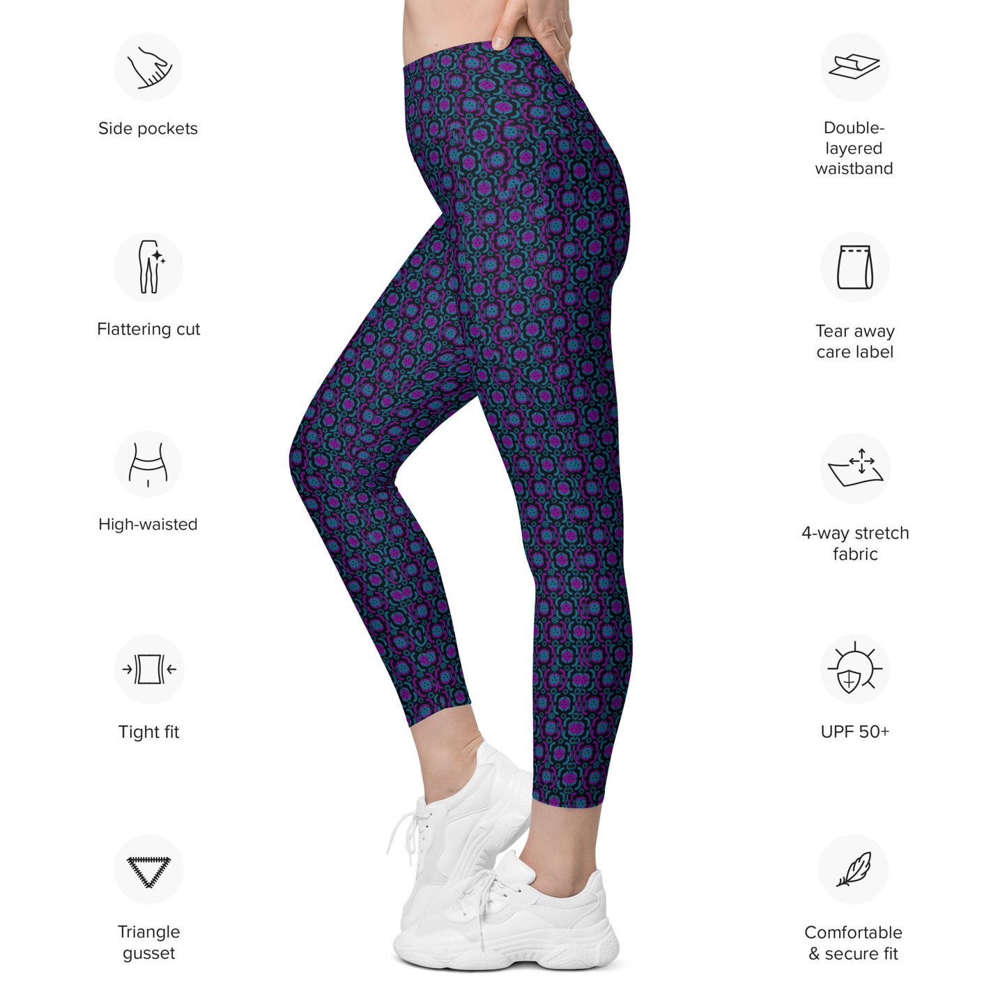 Graphic showcasing the features of the Purple Playmaker Pickleball Leggings, including side pockets, flattering cut, high-waisted design, 4-way stretch fabric, UPF 50+ protection, triangle gusset, and a tight fit. The leggings are modeled to display these features visually.