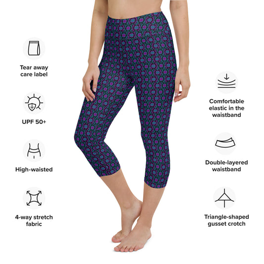 Detailed features of Purple Playmaker Pickleball Yoga Capri Leggings, including UPF 50+ protection, high-waisted fit, double-layered waistband, and triangle-shaped gusset crotch. Ideal for maximum comfort and durability in athletic wear.