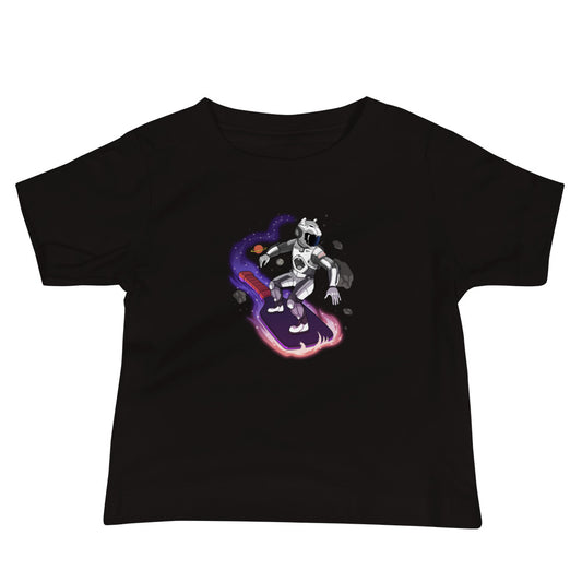 Black baby t-shirt featuring a space surfer robot riding a pickleball paddle through space.