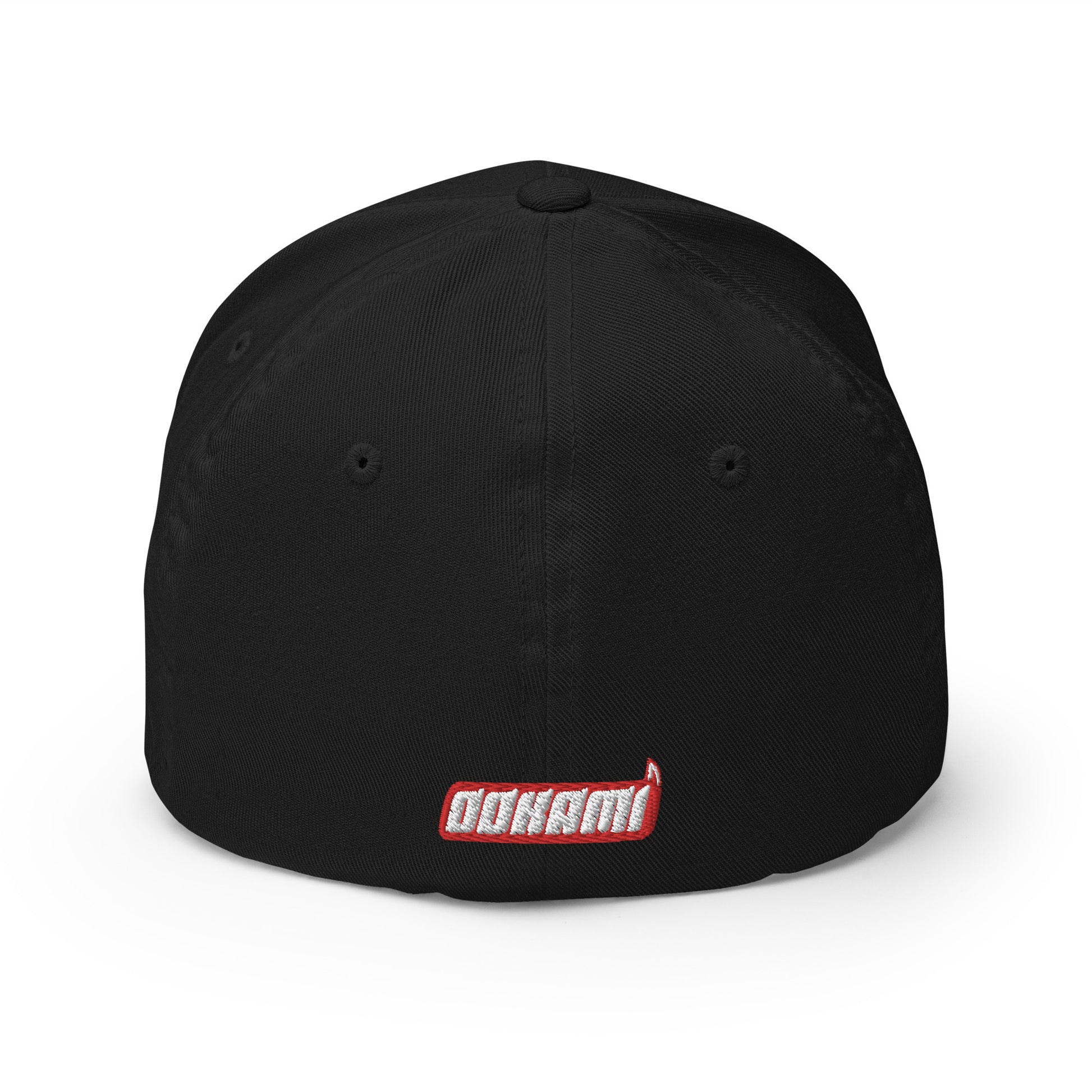 Back view of a black FlexFit® closed back cap with the white OOKAMI SPORTS logo embroidered near the closure.