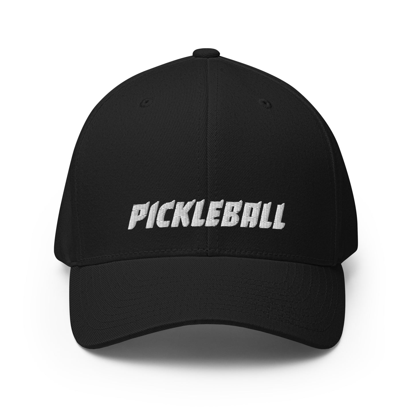 Front view of a black FlexFit® closed back cap with 'PICKLEBALL' embroidered in white on the front.