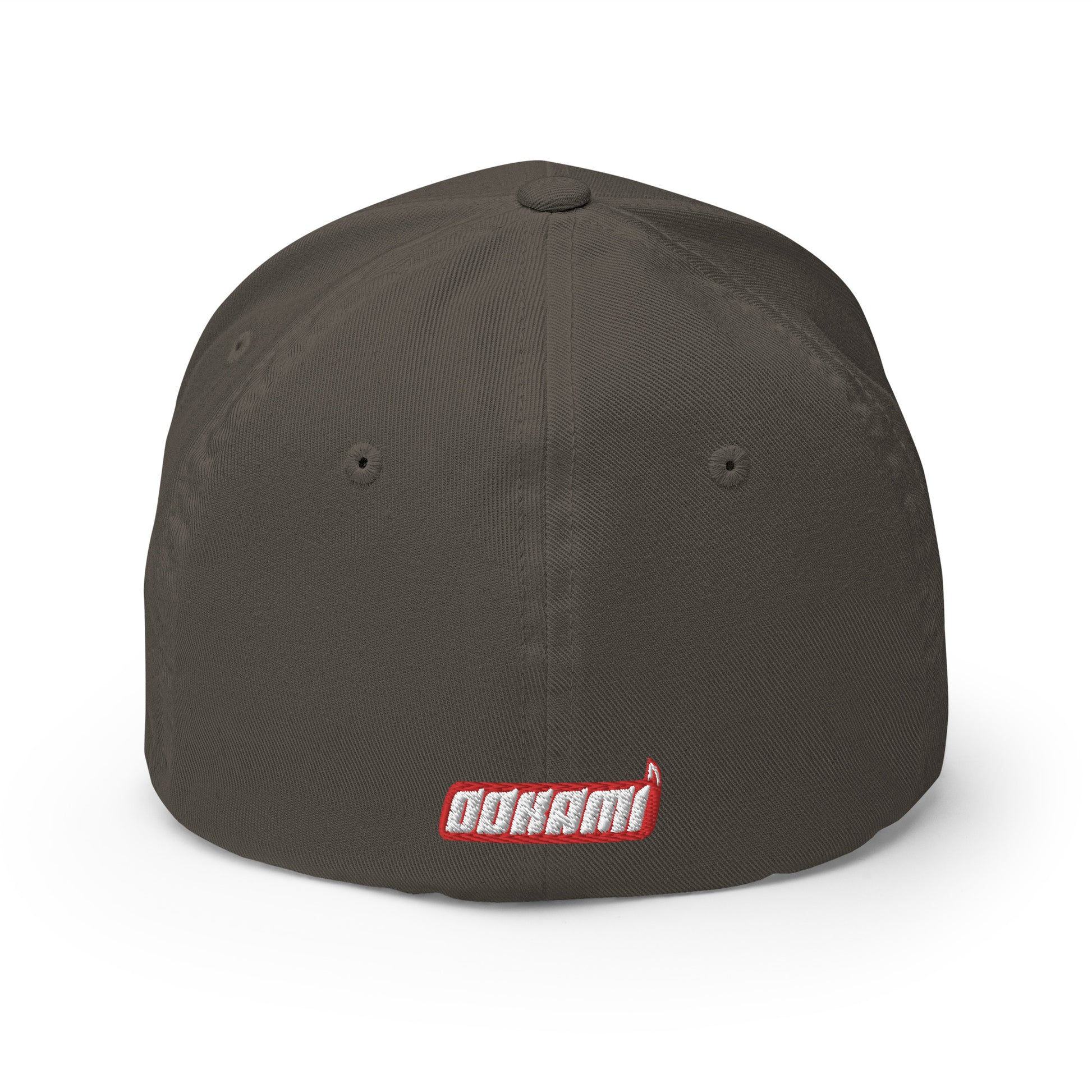 Back view of a dark grey FlexFit® closed back cap with the white OOKAMI SPORTS logo embroidered near the closure.