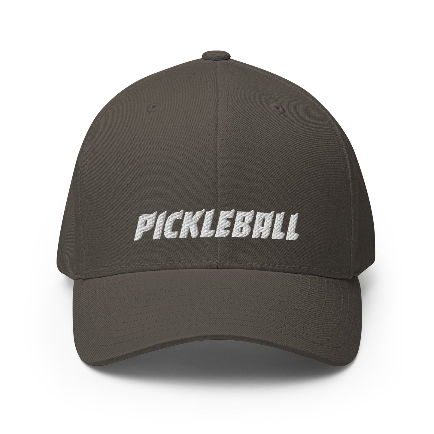 Front view of a dark grey FlexFit® closed back cap with 'PICKLEBALL' embroidered in white across the front.