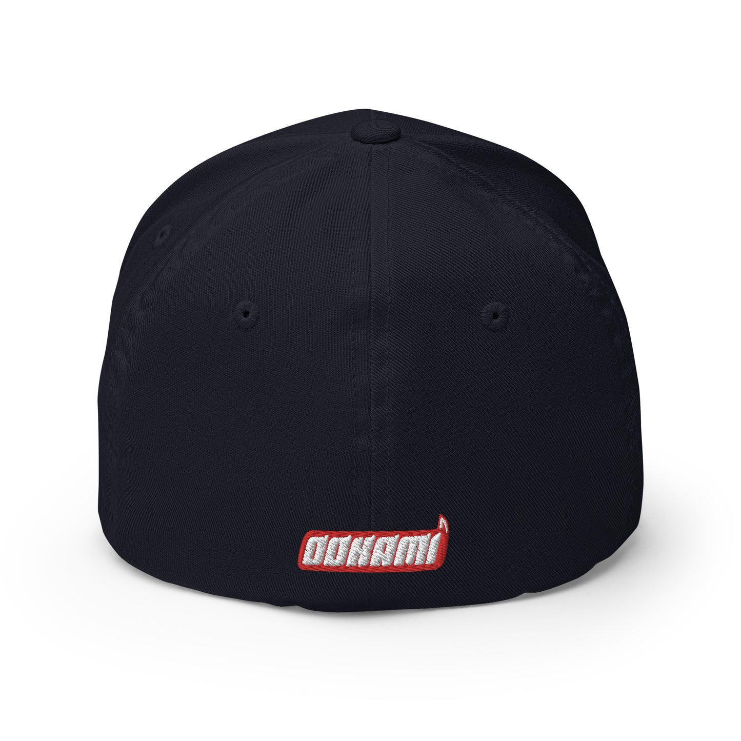 Back view of a dark navy FlexFit® closed back cap with the white OOKAMI SPORTS logo embroidered near the closure.