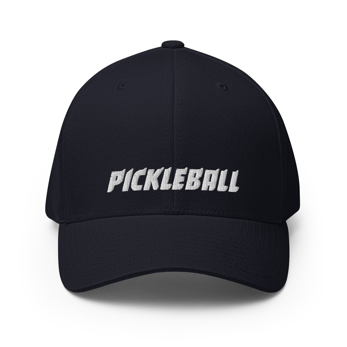 Front view of a dark navy FlexFit® closed back cap with 'PICKLEBALL' embroidered in white on the front.