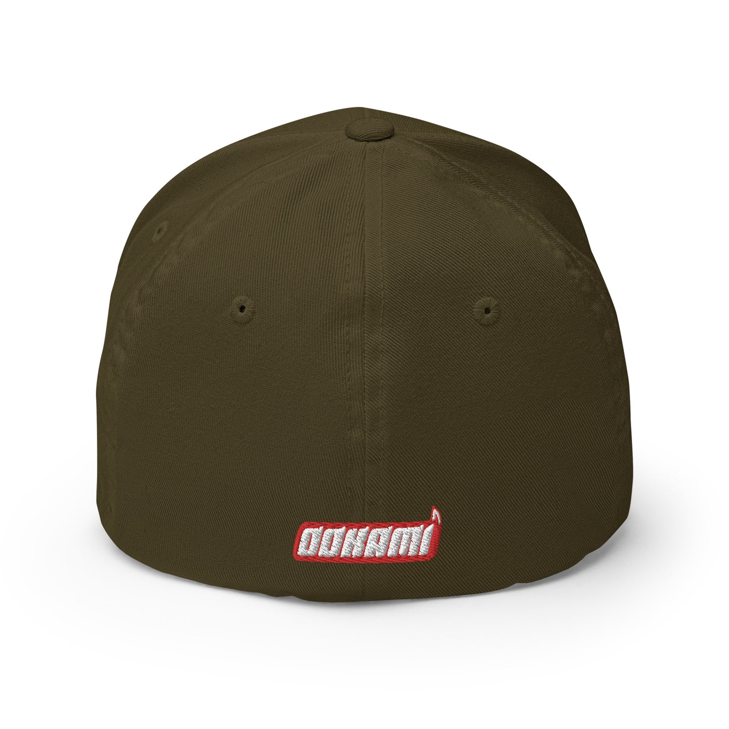 Back view of an olive FlexFit® closed back cap with the white OOKAMI SPORTS logo embroidered near the closure.