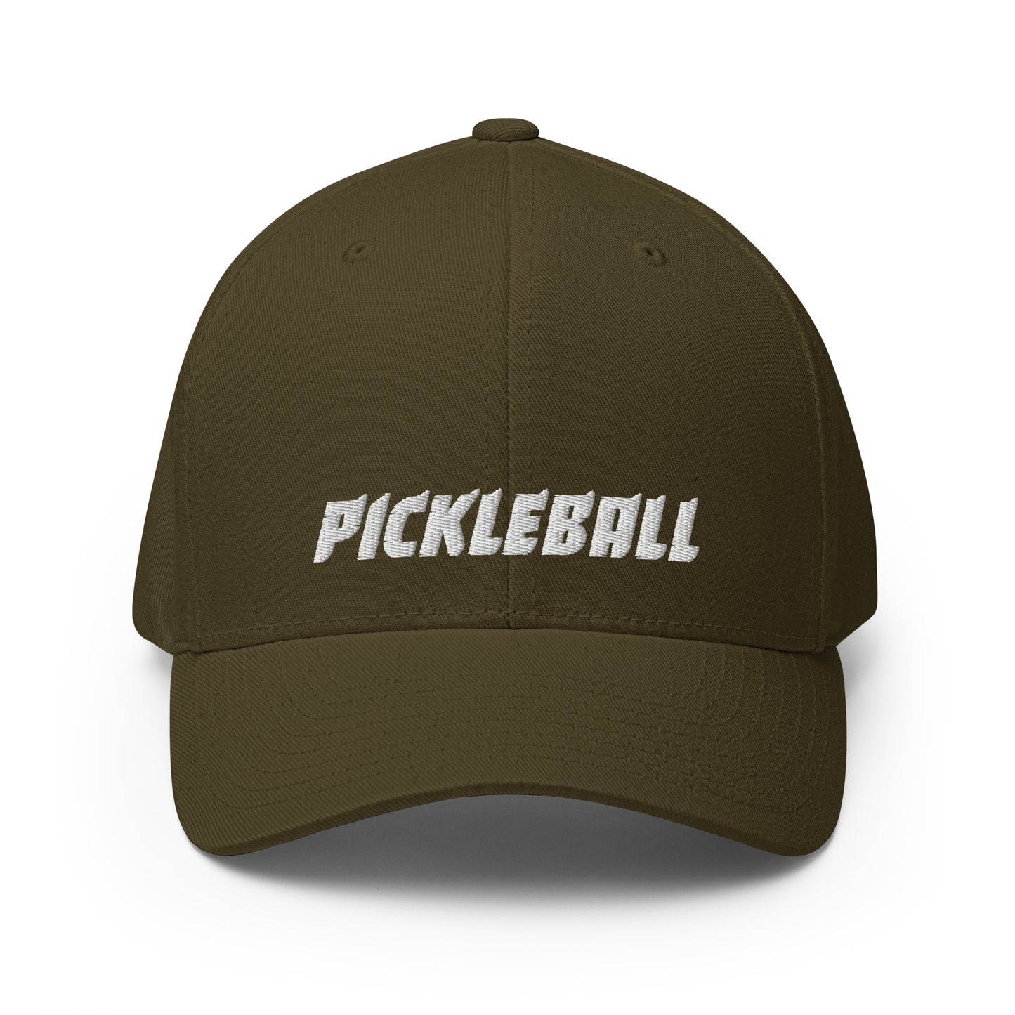 Front view of an olive FlexFit® closed back cap with 'PICKLEBALL' embroidered in white across the front.