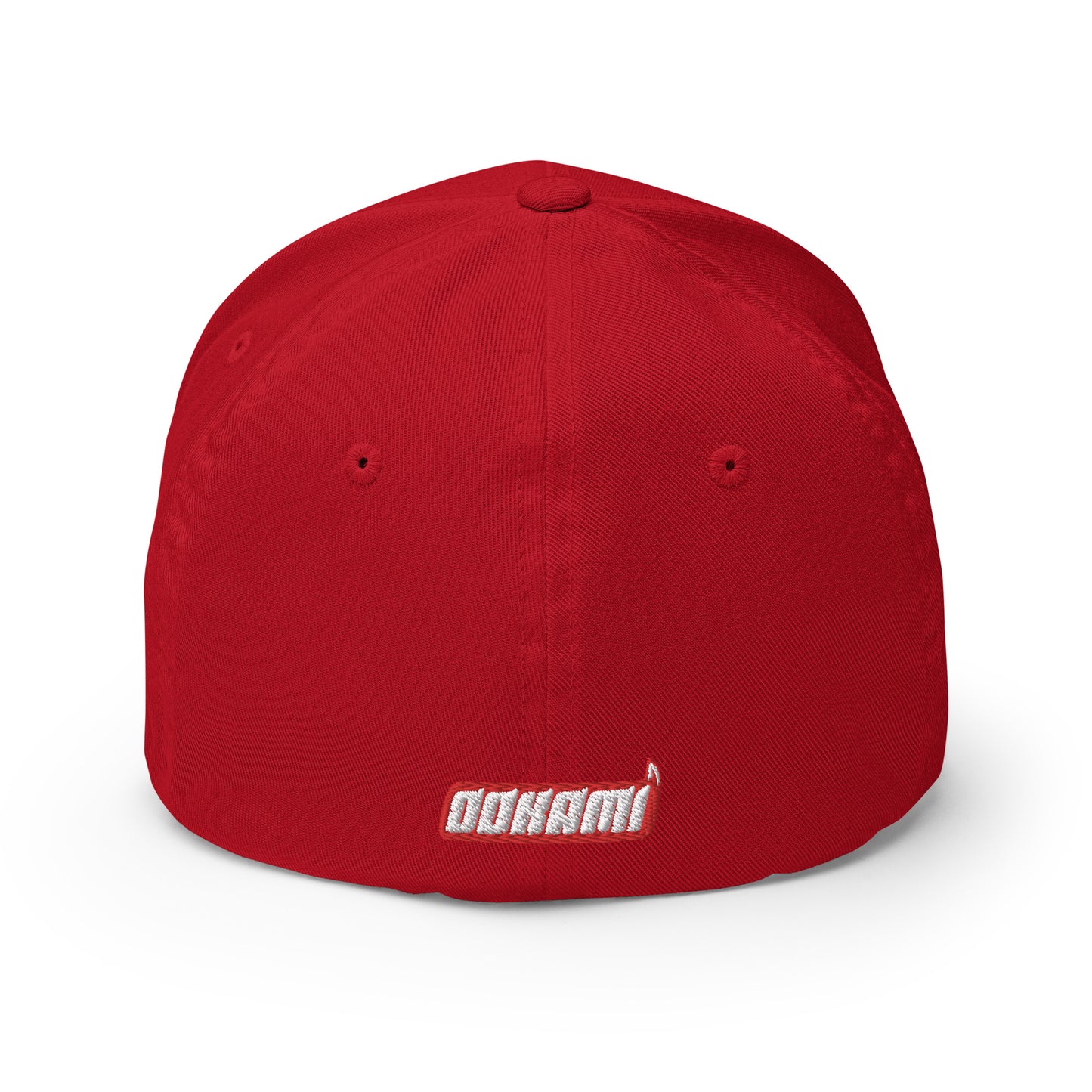 Back view of a red FlexFit® closed back cap with the white OOKAMI SPORTS logo embroidered near the closure.