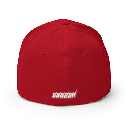 Back view of a red FlexFit® closed back cap with the white OOKAMI SPORTS logo embroidered near the closure.