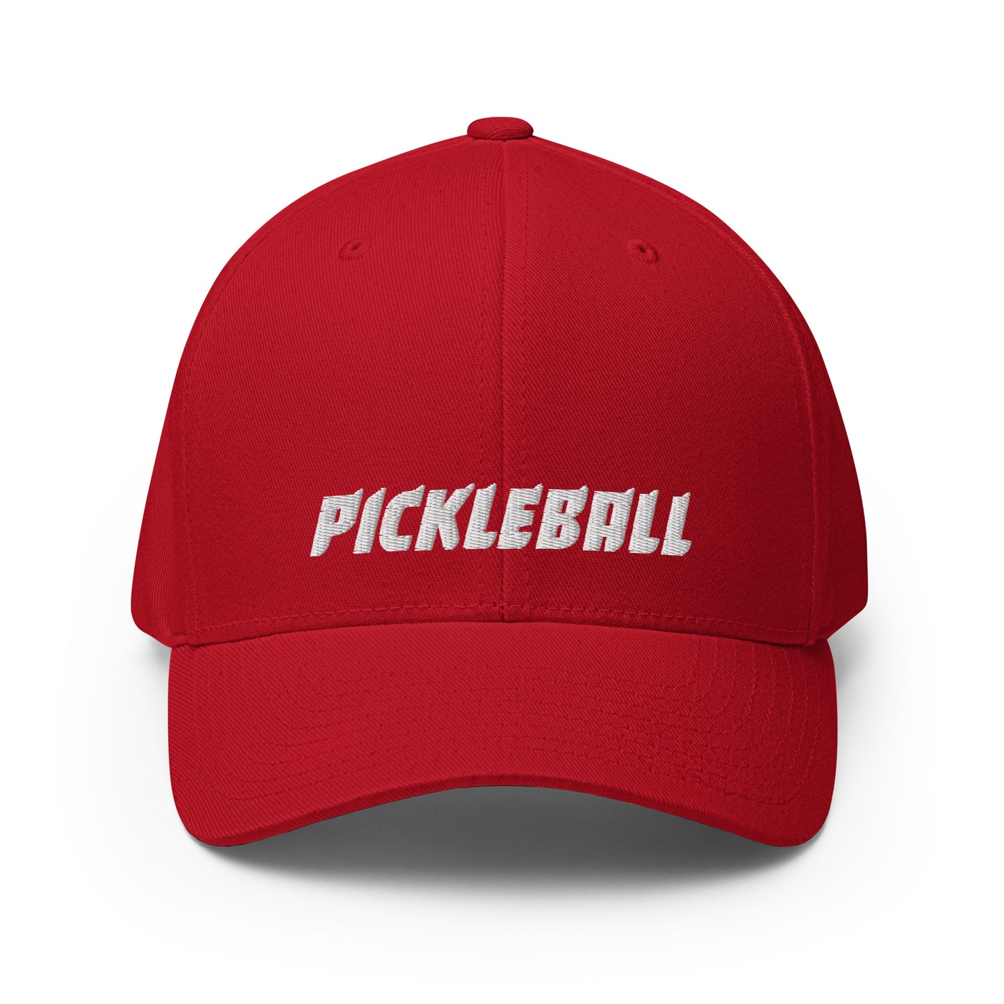 Front view of a red FlexFit® closed back cap with 'PICKLEBALL' embroidered in white on the front.