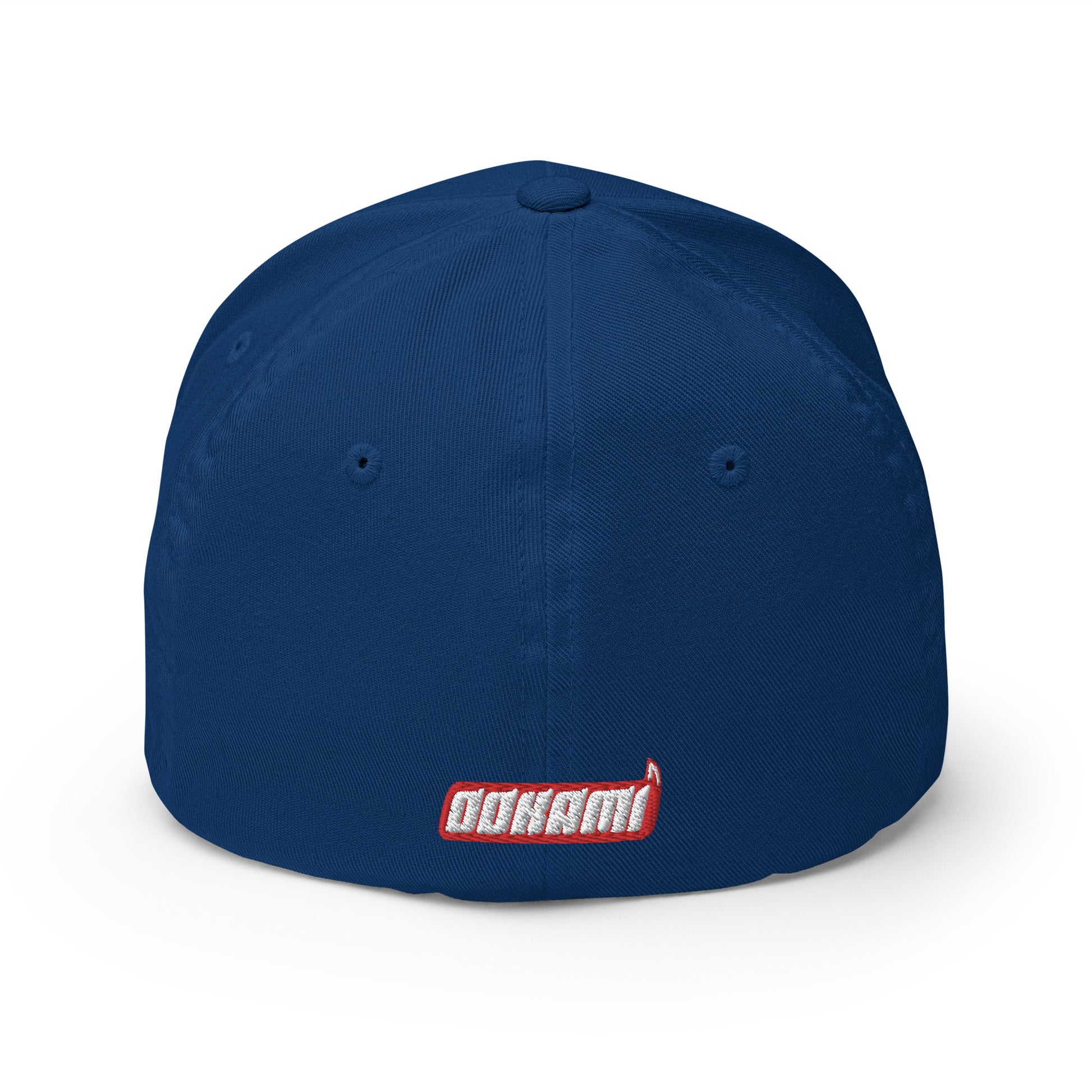 Back view of a royal blue FlexFit® closed back cap with the white OOKAMI SPORTS logo embroidered near the closure.