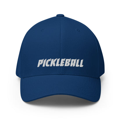 Front view of a royal blue FlexFit® closed back cap with 'PICKLEBALL' embroidered in white on the front.