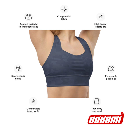 Front view of the Urban Gray Camo Pickleball Longline Sports Bra with feature icons highlighting its compression fabric, high impact support, removable padding, sports mesh lining, comfortable and secure fit, and tear-away care label. The OOKAMI SPORTS logo is visible at the bottom.