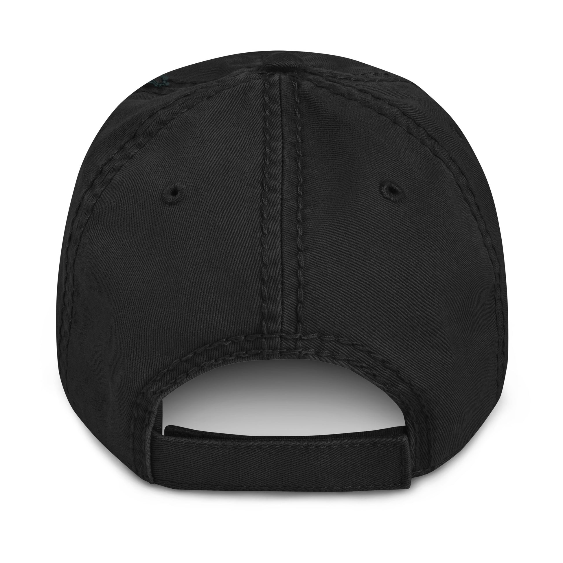 Back view of a distressed black hat featuring an adjustable strap for sizing and detailed fabric texture.