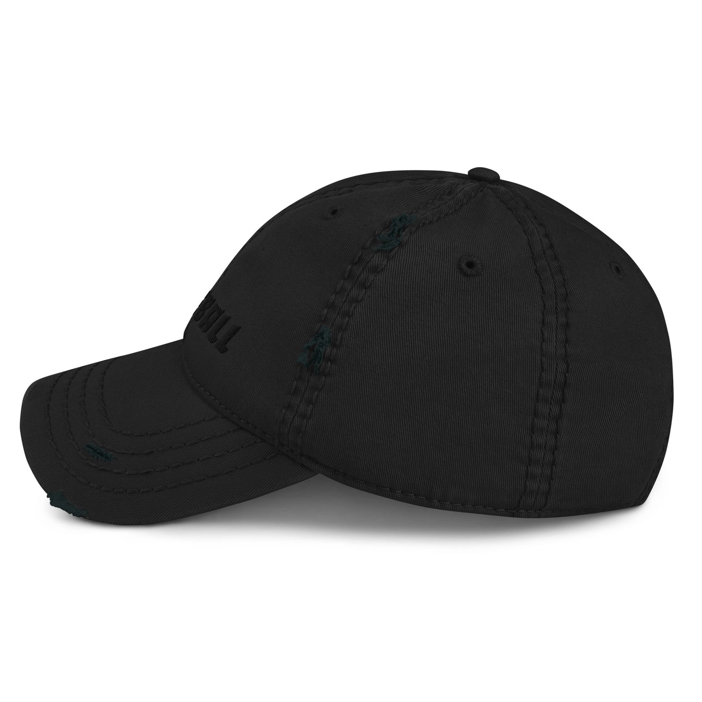 Left side view of a distressed black hat with detailed stitching and fabric distressing for a worn look.