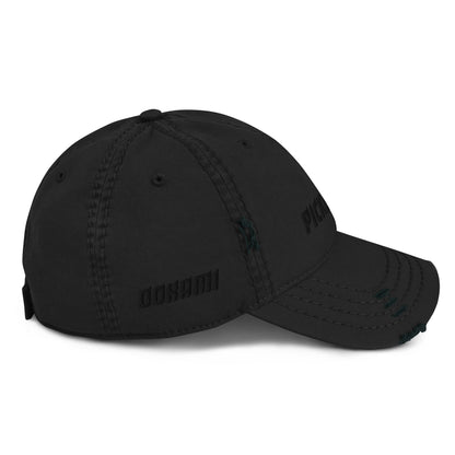 Right side view of a distressed black hat showing the OOKAMI SPORTS logo subtly embroidered in black.