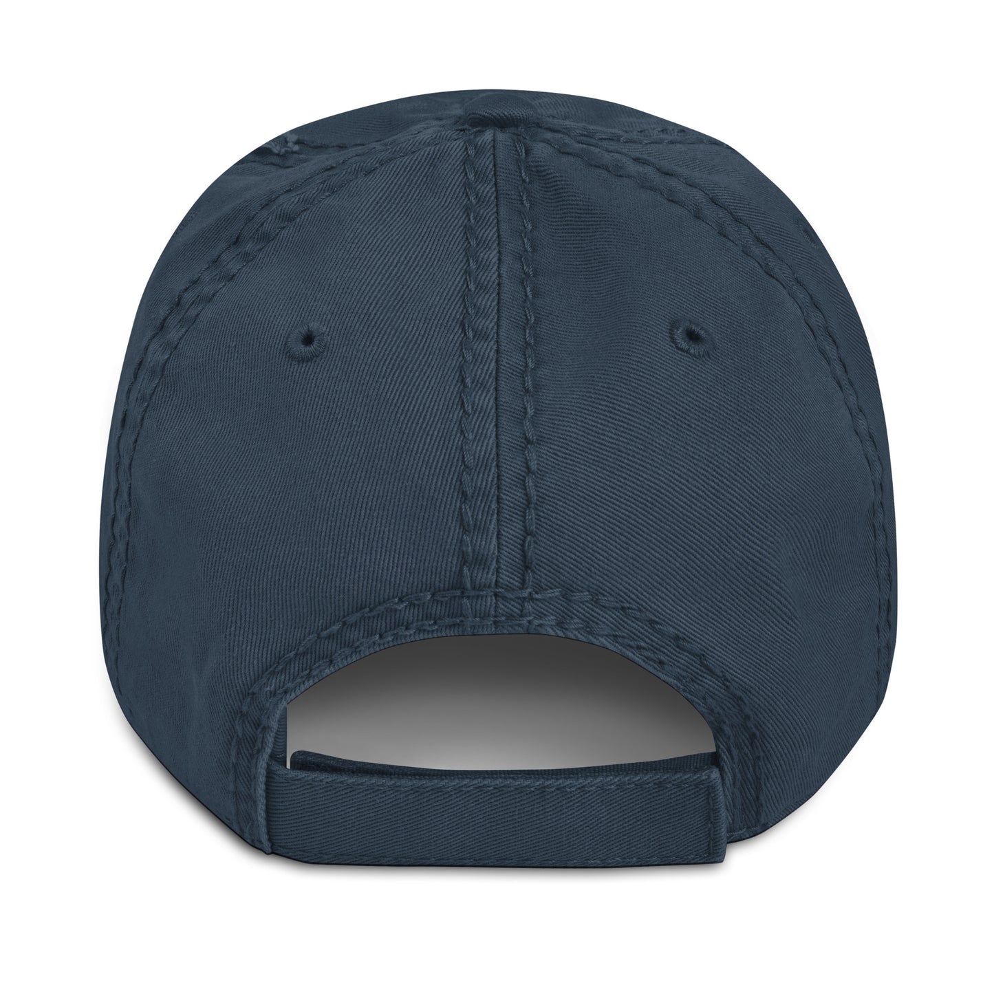 Back view of a navy distressed pickleball hat featuring an adjustable strap for a comfortable fit.