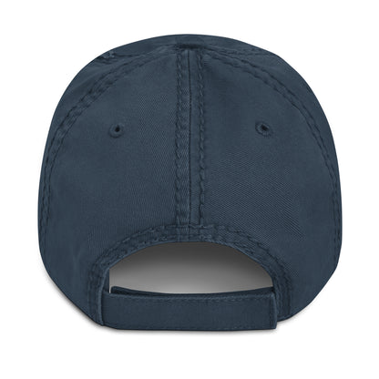 Back view of a navy distressed pickleball hat featuring an adjustable strap for a comfortable fit.