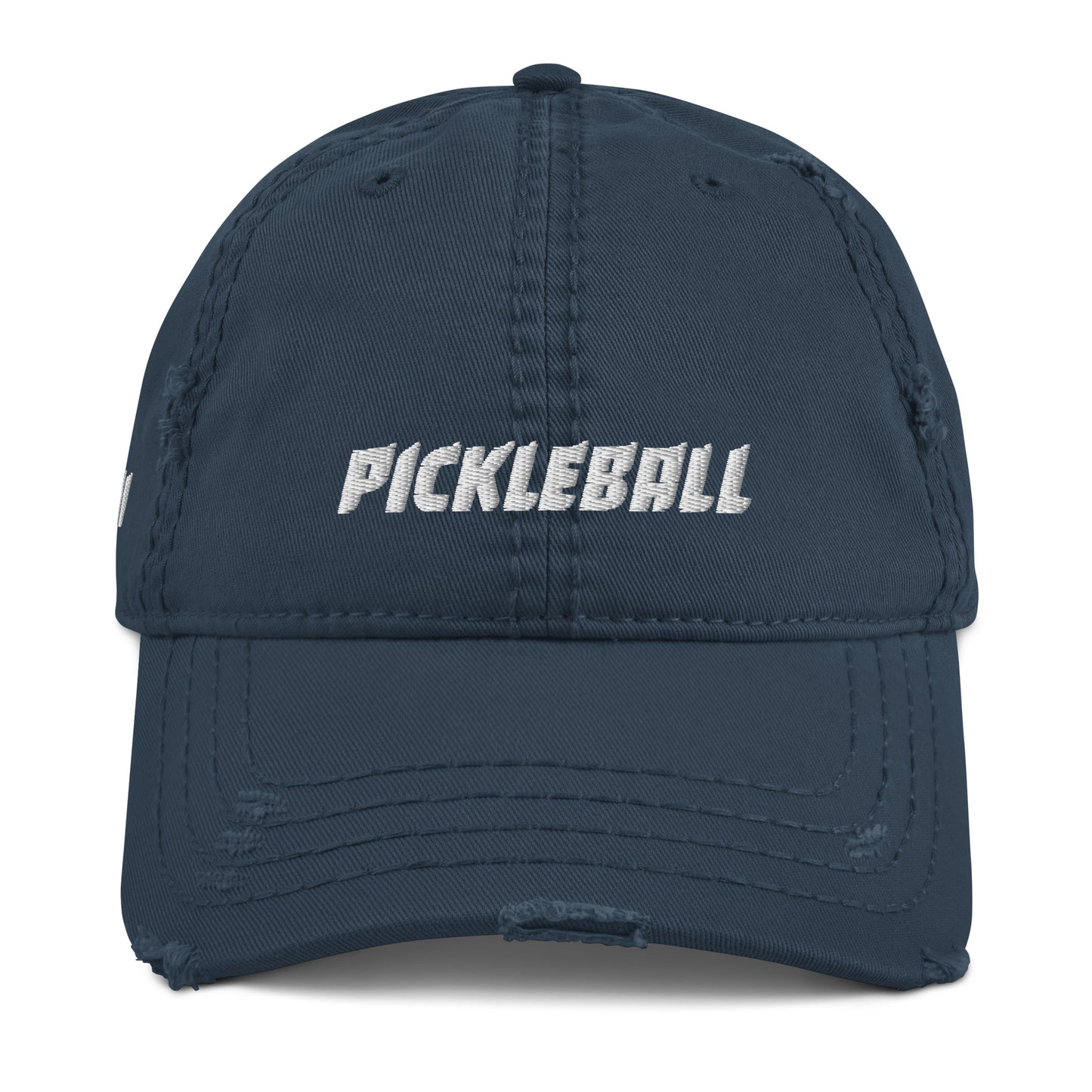 Front view of a navy distressed pickleball hat with 'PICKLEBALL' embroidered in white on the front, highlighting the vintage style.