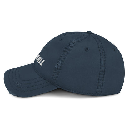 Left side view of a navy distressed pickleball hat, showcasing detailed stitching and fabric texture.