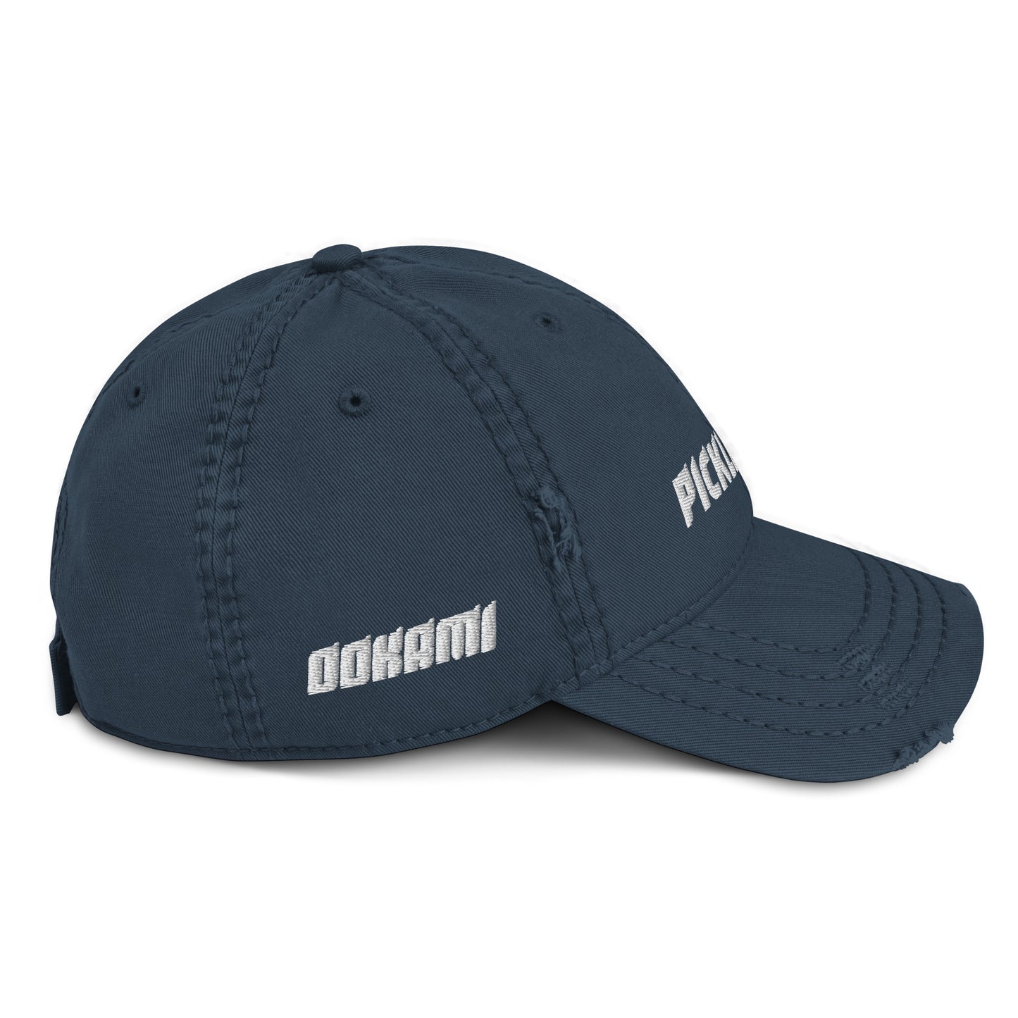 Right side view of a navy distressed pickleball hat with the OOKAMI SPORTS logo embroidered in white.