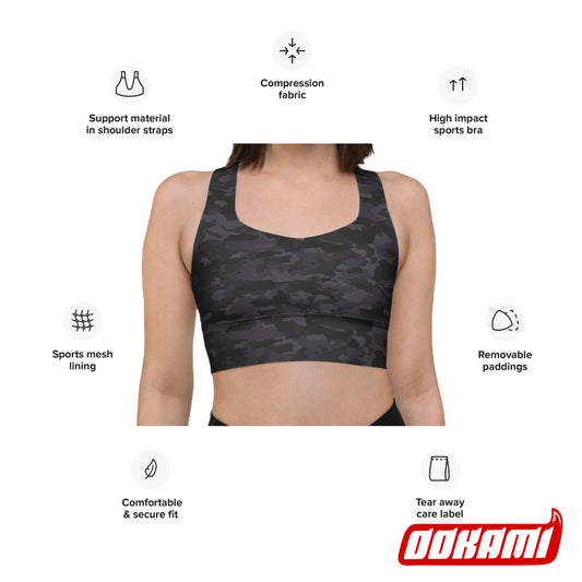 Front view of the Stealth Camo Pickleball Longline Sports Bra with feature icons, highlighting its compression fabric, high impact support, removable padding, sports mesh lining, comfortable and secure fit, and tear-away care label.