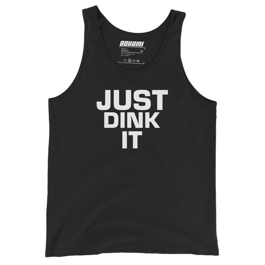 Black JUST DINK IT tank top from OOKAMI SPORTS, displaying the front graphic.