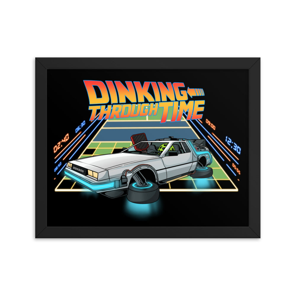 Dinking Through Time pickleball-themed poster inspired by Back to the Future, featuring a Delorean car on a pickleball court, framed in black, size 11x14.