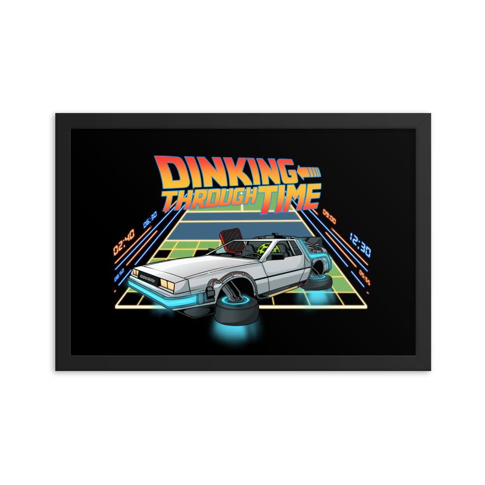 Framed poster of a pickleball car styled after a DeLorean with the text 'Dinking Through Time', shown in a 12x18 black frame.