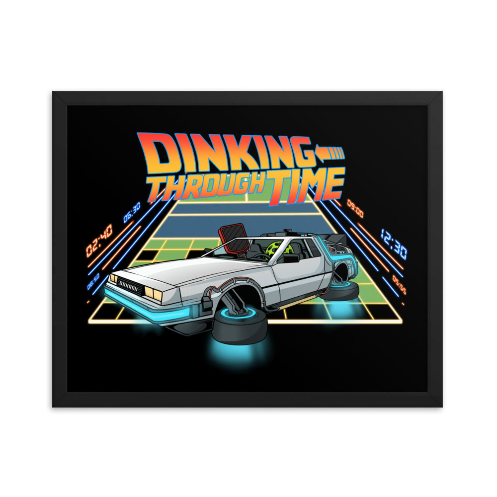 Framed poster showcasing a pickleball car reminiscent of a DeLorean, labeled 'Dinking Through Time', in a 16x20 black frame.