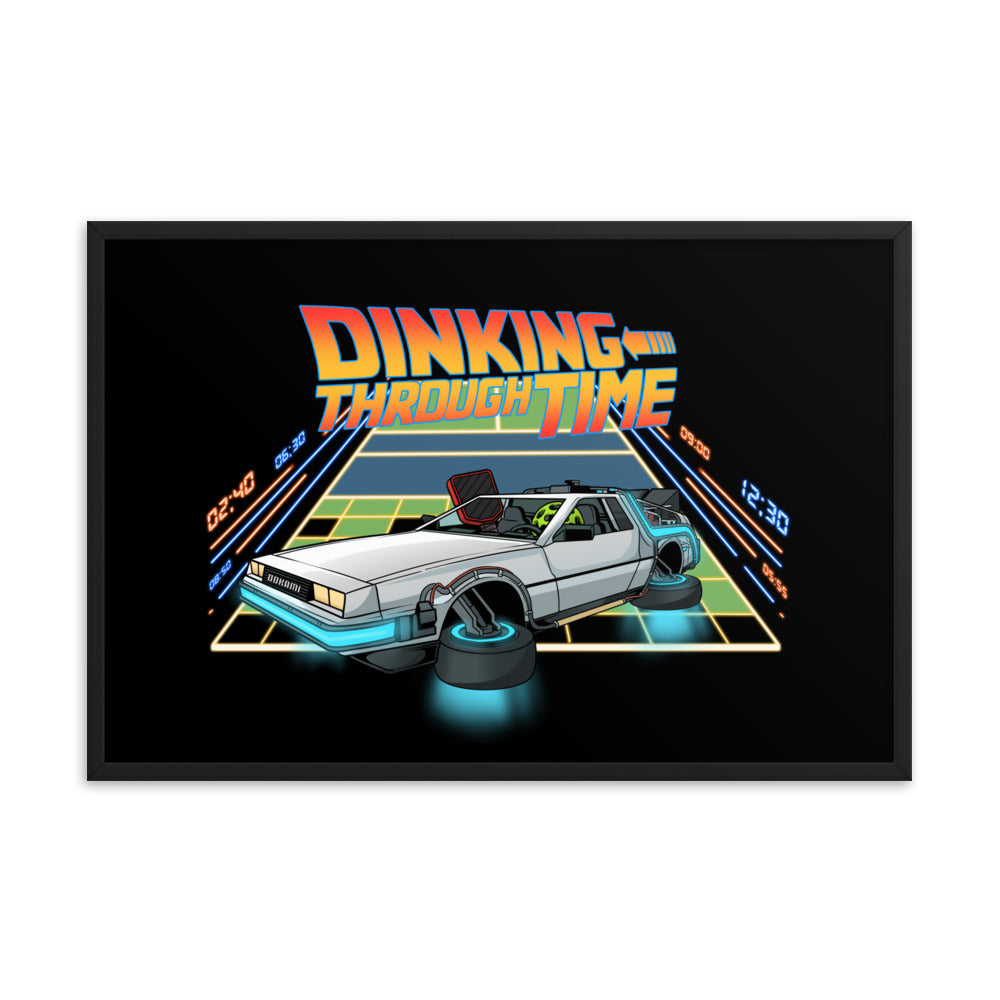 Framed poster of a DeLorean-inspired pickleball car with the text 'Dinking Through Time', displayed in a 24x36 black frame.