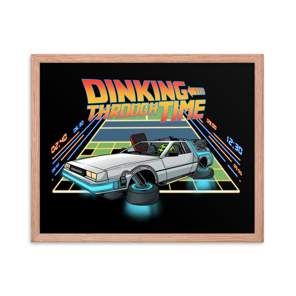 Dinking Through Time pickleball poster in a red oak frame, size 16x20 inches.