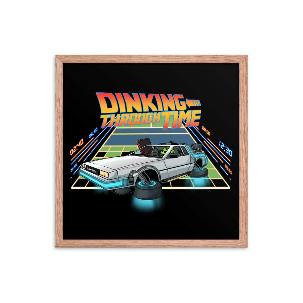 Dinking Through Time pickleball poster in a red oak frame, size 18x18 inches.