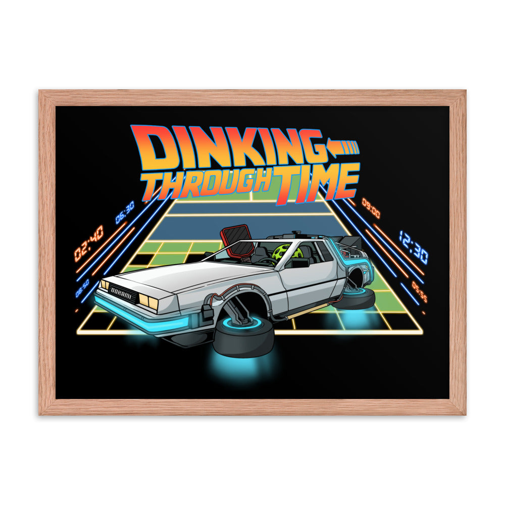 Dinking Through Time pickleball poster in a red oak frame, size 18x24 inches.