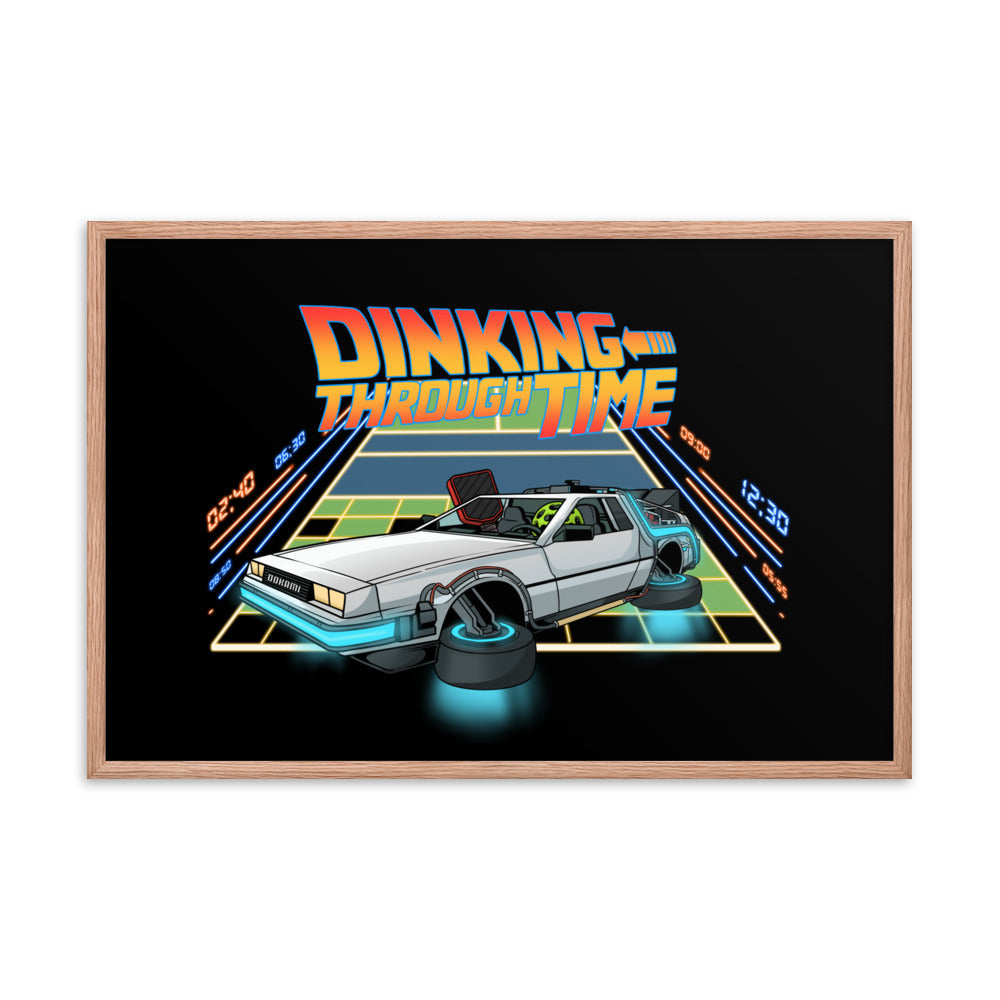 Dinking Through Time pickleball poster in a red oak frame, size 24x36 inches.