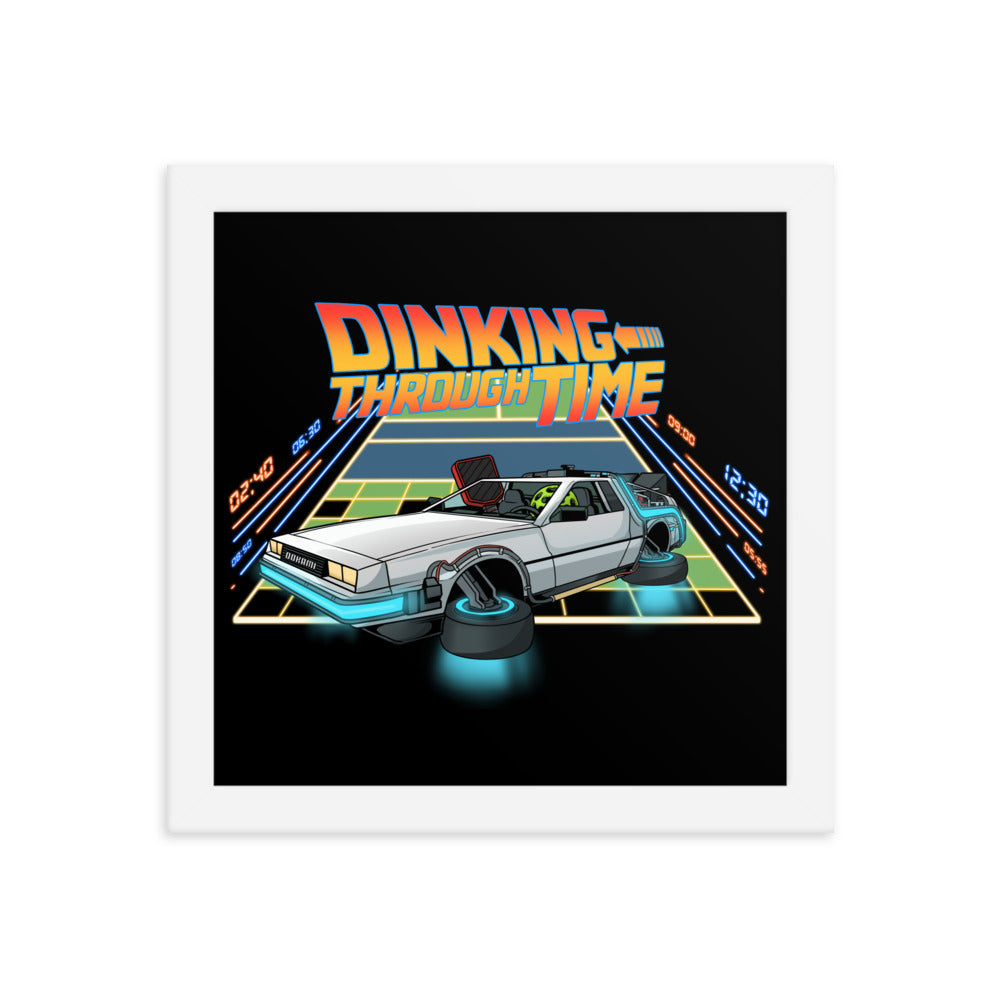 Dinking Through Time pickleball-themed framed poster in white frame, 10x10 inches.