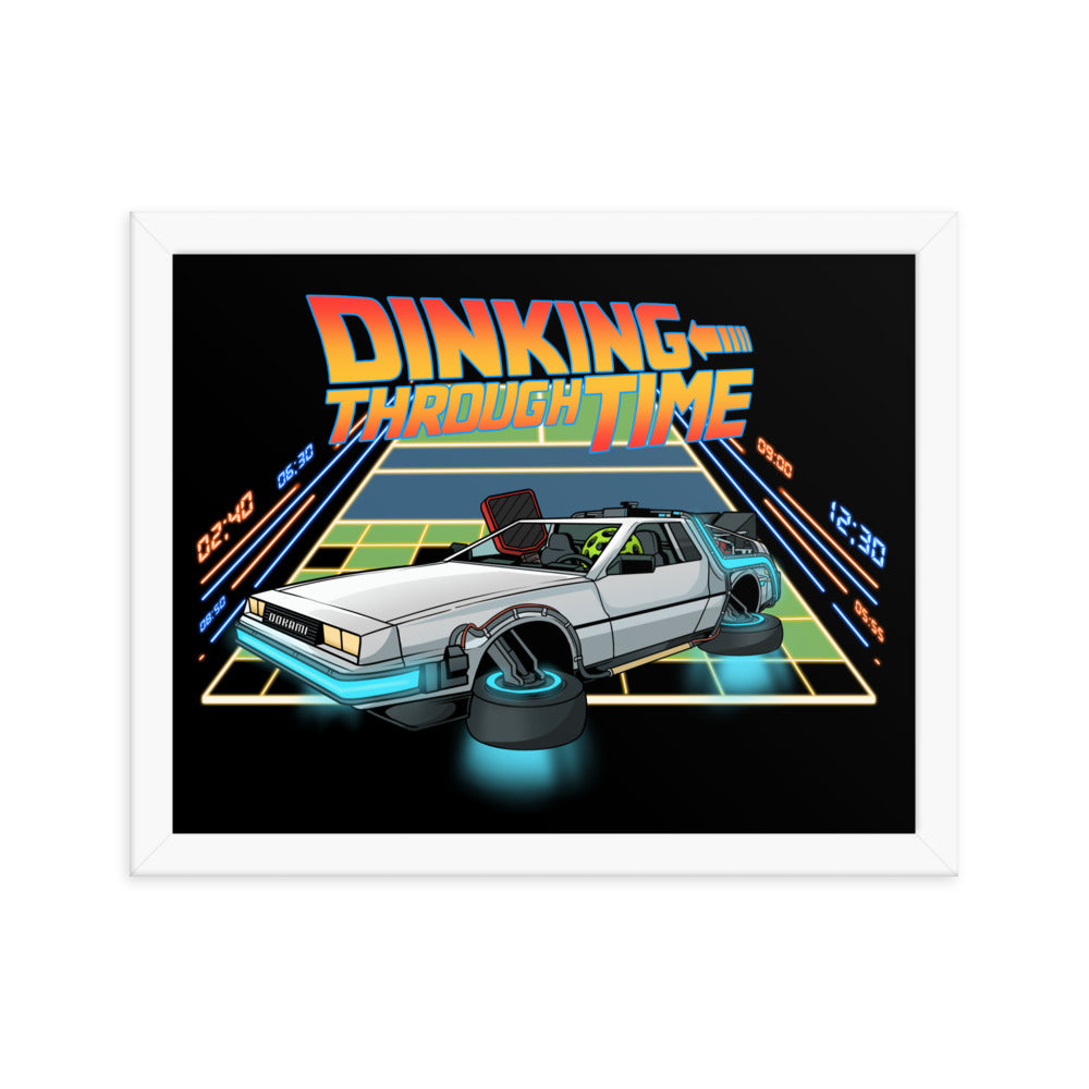 Dinking Through Time pickleball-themed framed poster in white frame, 11x14 inches.