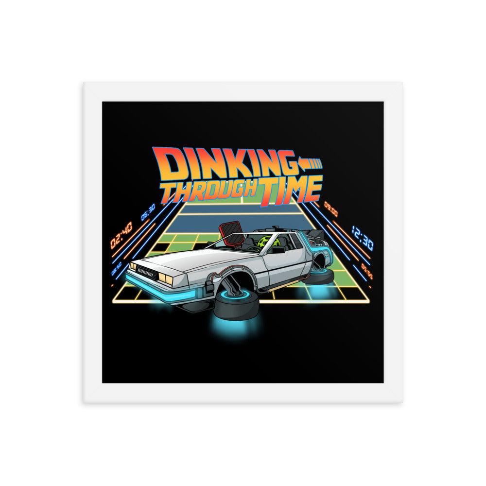 Dinking Through Time pickleball-themed framed poster in white frame, 12x12 inches.