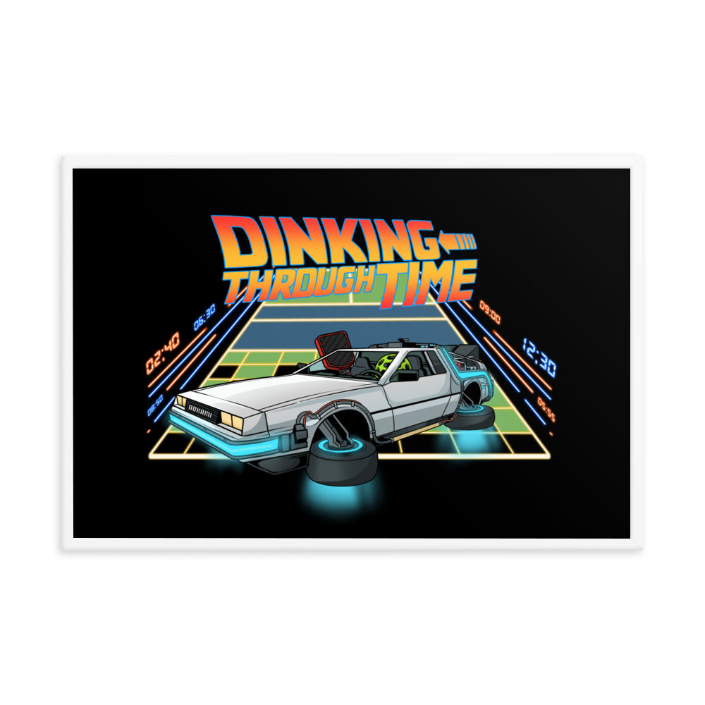 24x36 framed poster of 'Dinking Through Time' with a pickleball-themed DeLorean car inspired by Back to the Future, in a white frame.