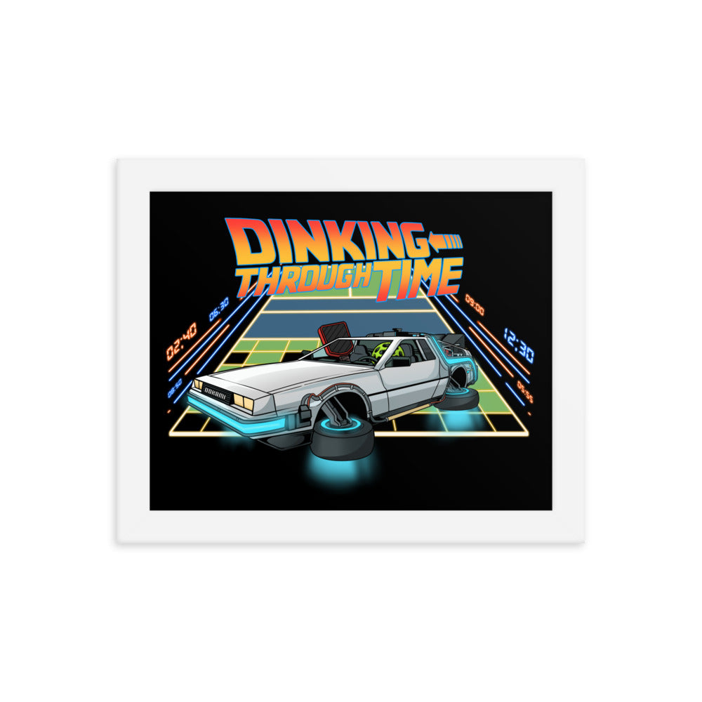 Dinking Through Time pickleball-themed framed poster in white frame, 8x10 inches.