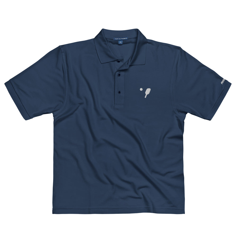 Front view of OOKAMI SPORTS Men's Premium Pickleball Polo in navy, showcasing the flat knit collar and cuffs and relaxed fit design ideal for pickleball players.