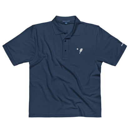 Front view of OOKAMI SPORTS Men's Premium Pickleball Polo in navy, showcasing the flat knit collar and cuffs and relaxed fit design ideal for pickleball players.