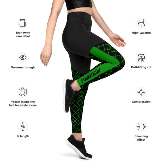 Side view of a woman wearing Neon Grid Pickleball Sports Leggings with feature icons, highlighting the tear-away care label, non-see-through fabric, high-waisted design, butt-lifting cut, compression support, and a pocket inside the belt suitable for a phone.