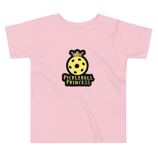 Pink toddlers t-shirt with a design featuring a yellow pickleball with a crown and the text 'Pickleball Princess